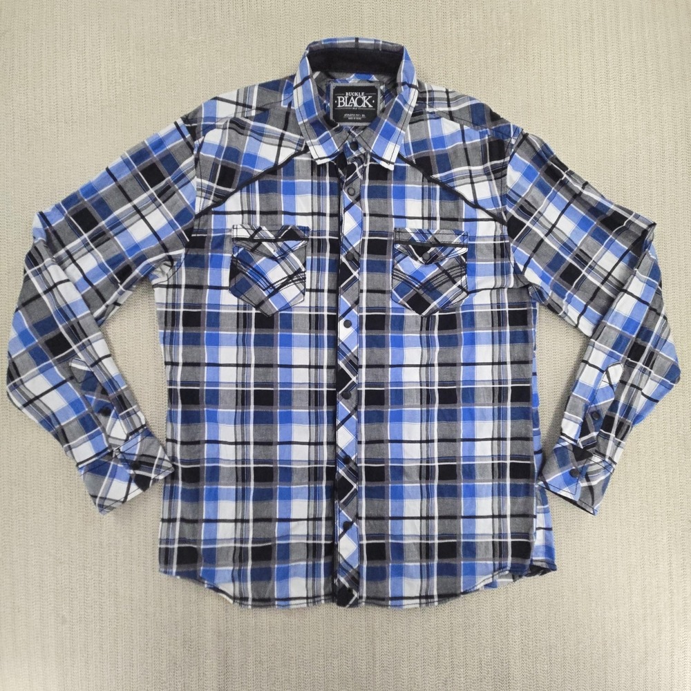 Buckle Black Pearl Snap Shirt Mens XL Blue Plaid Long Sleeve Western Stretch BKE